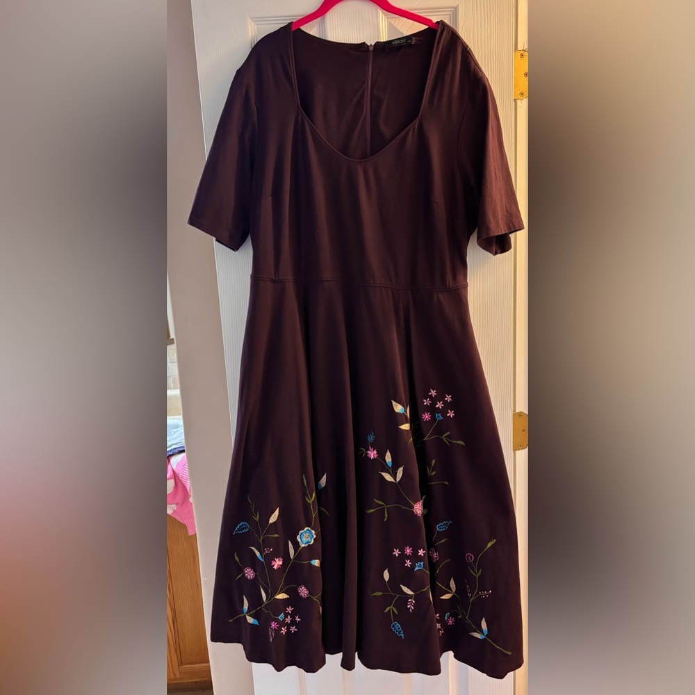 eshakti Burgandy Midi Dress with Multicolor Floral Embroidery